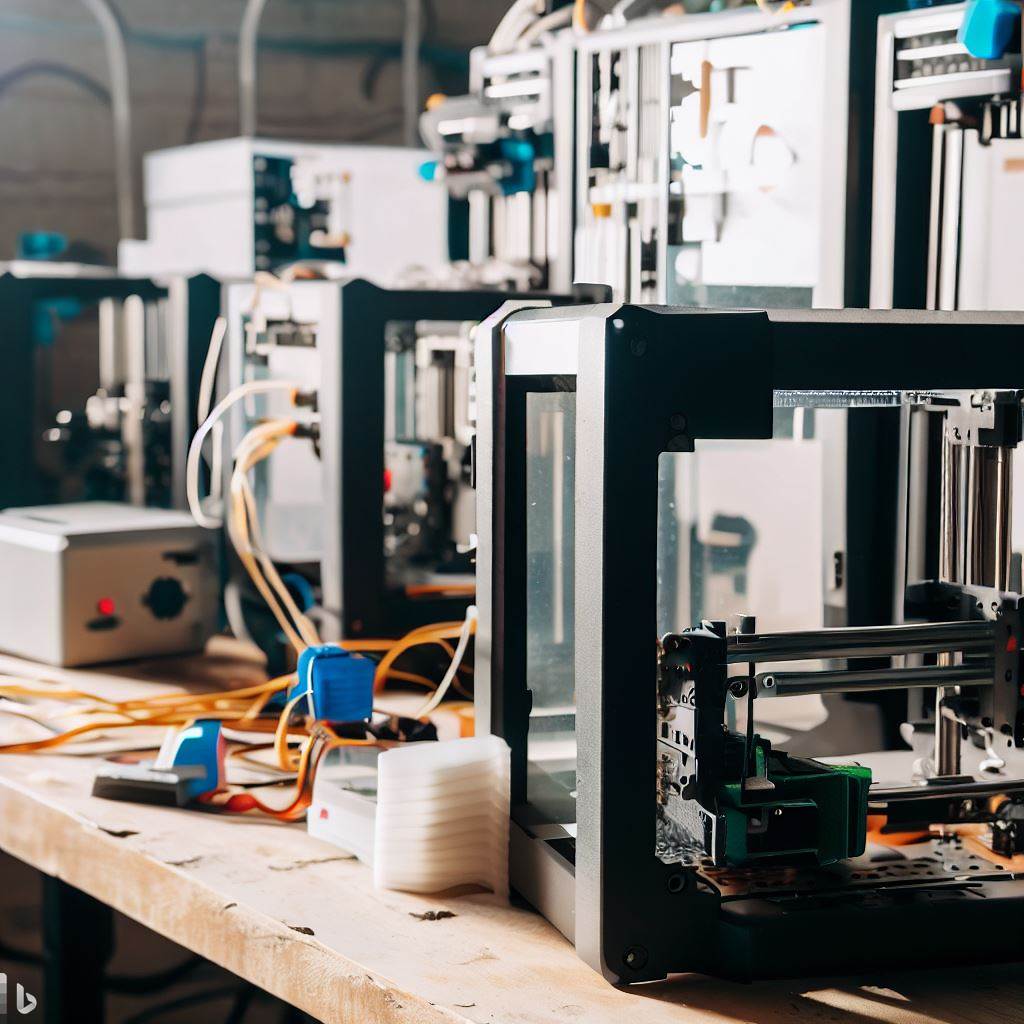Multiple different types of 3d printers on a workbench