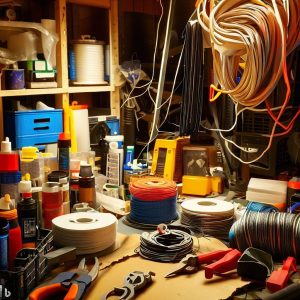 a maker's workshop, complete with hook up wire, adhesive, zip ties, safety gear, etc.